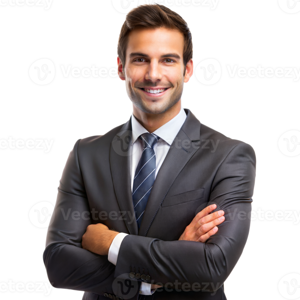 A smiling businessman in a dark suit with a striped tie stands confidently with arms crossed against a transparent background png
