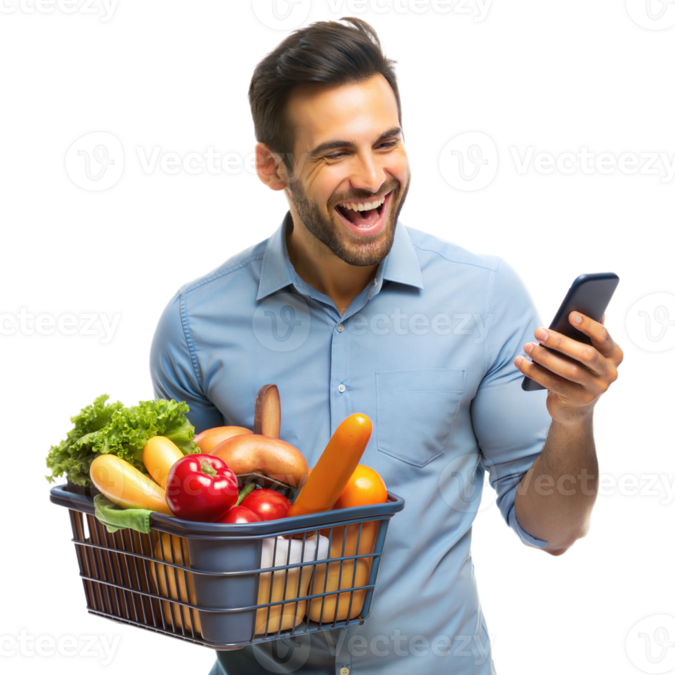 A man smiles while checking his mobile phone, holding a grocery basket full of fresh fruits and vegetables png