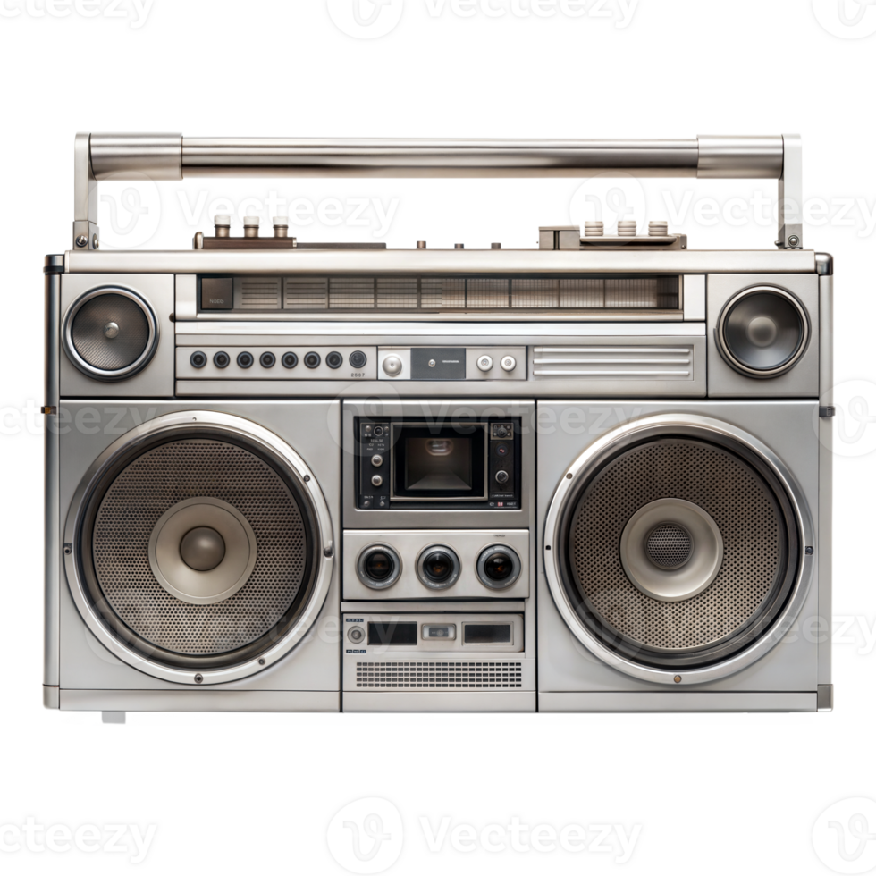 Silver 1980s boombox displaying dual speakers, a cassette player, and various control buttons on a transparent background png