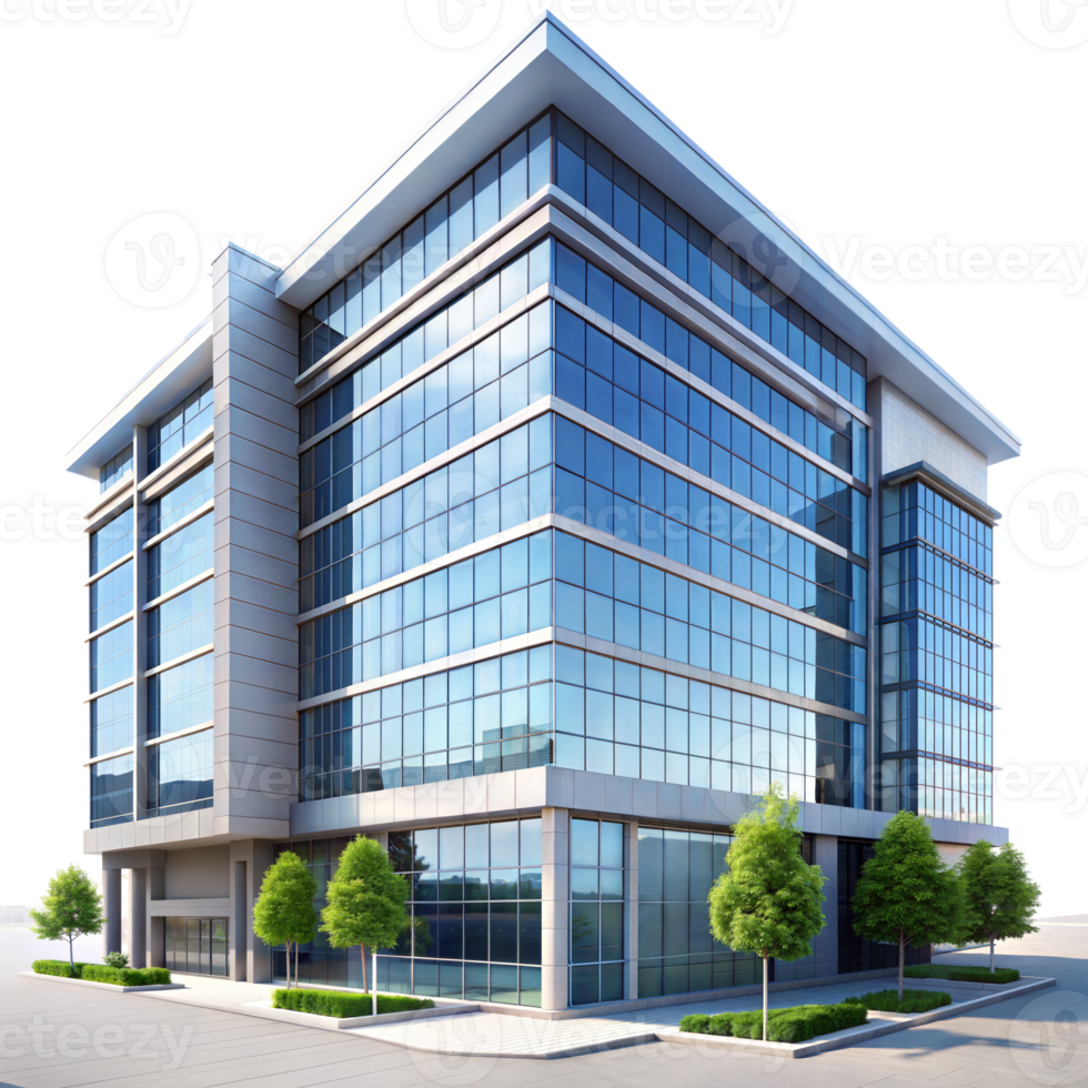 Contemporary office building with a glass facade and surrounding greenery, captured on a clear day png