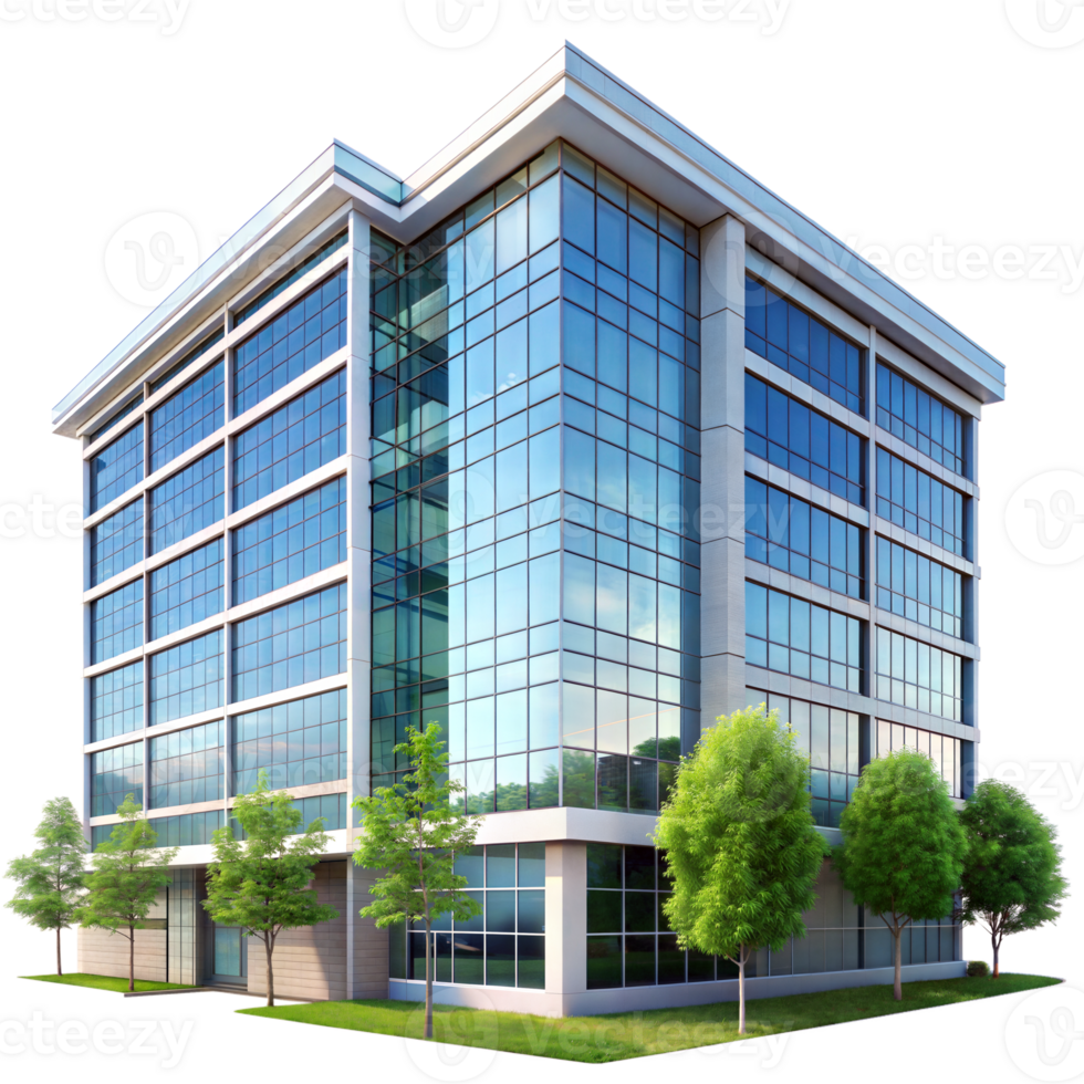 A contemporary office building with reflective glass windows and lush green trees surrounding it, basking in sunlight png