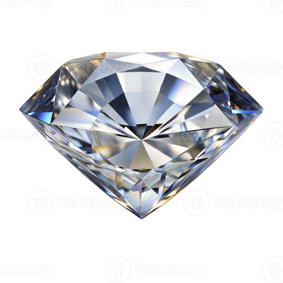 A close-up view of a brilliant-cut diamond showing its sparkling facets and intricate design against a transparent background png