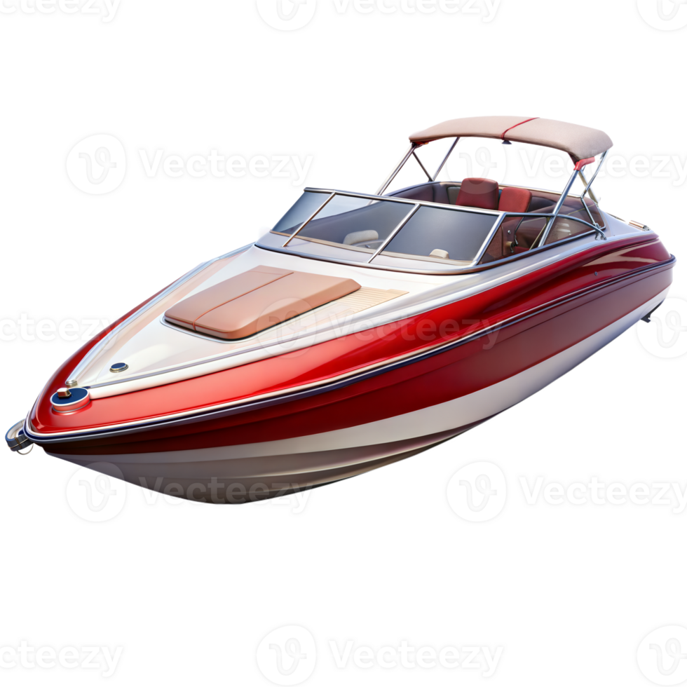 A red and white speedboat with a canopy and windshield, streamlined for speed png