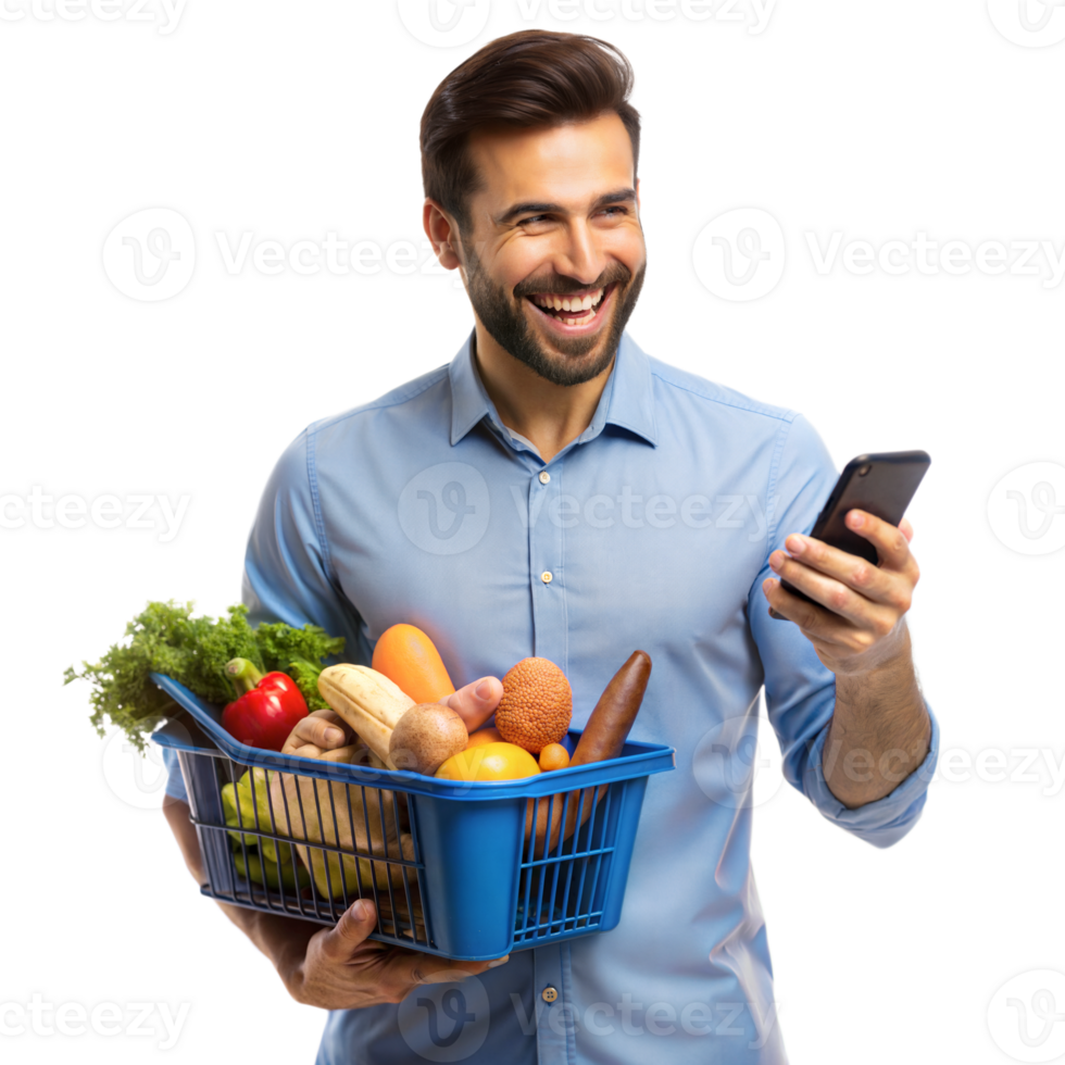 A cheerful man in a blue shirt holds a grocery basket and checks his smartphone in a bright, white studio png