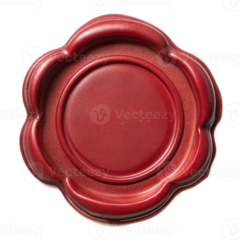A red wax seal with a floral border design, centered on a transparent background, captured in a studio setting png