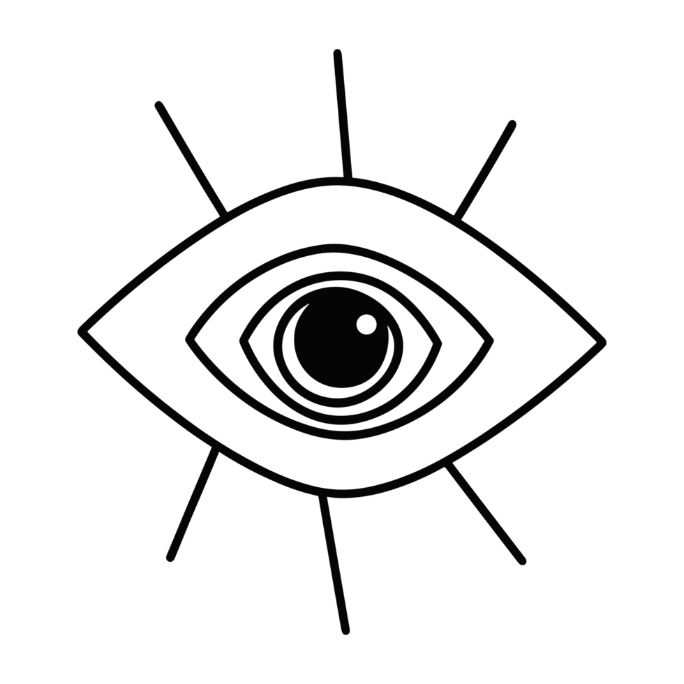 Evil eye spiritual protection symbol minimalist black and white line drawing illustration transparent background png