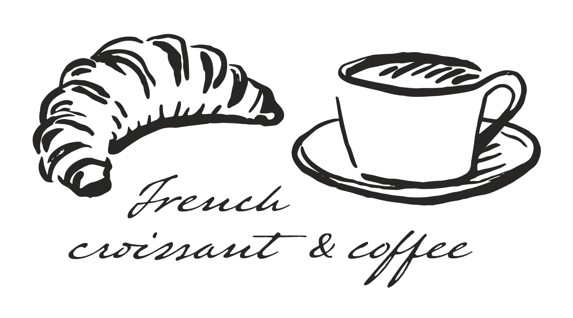 Croissant and coffee French breakfast pastry sketch ink drawing hand