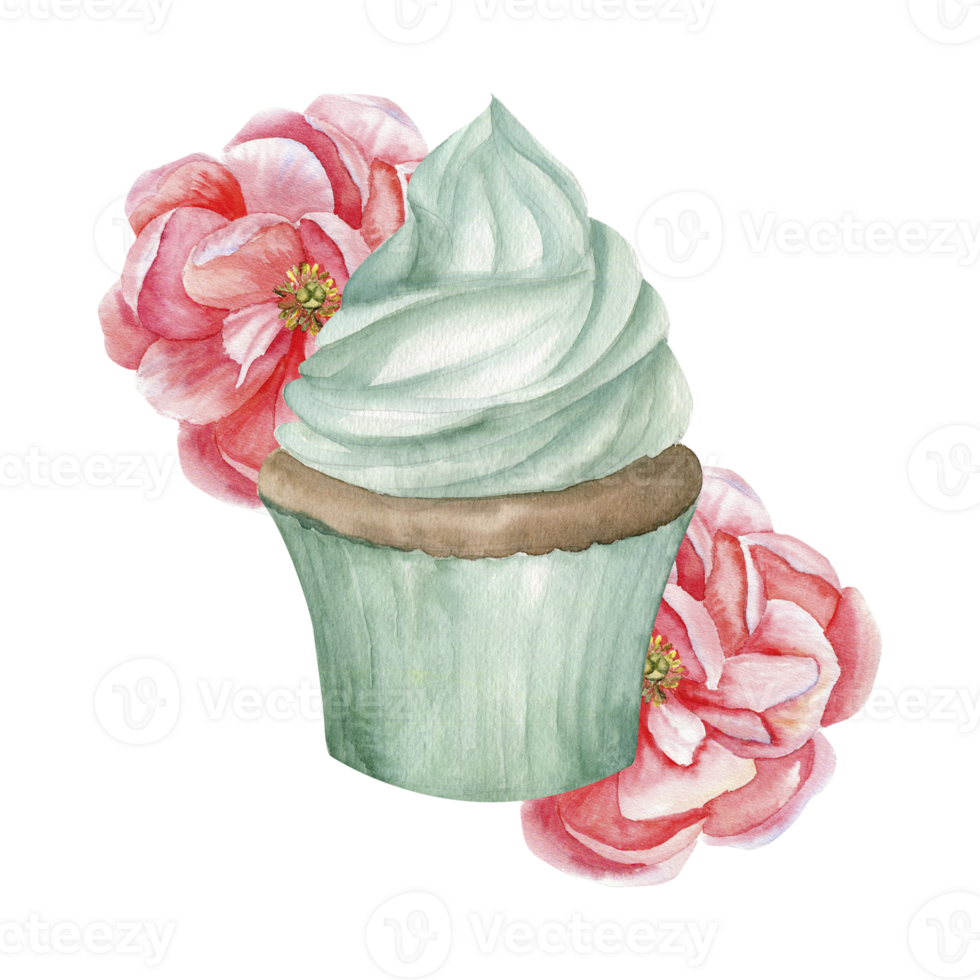 Sweet cupcake in pastel green color with pink peonies watercolor illustration. Mint color birthday cake with floral decoration, bakery logo design, party invitation, card decor png