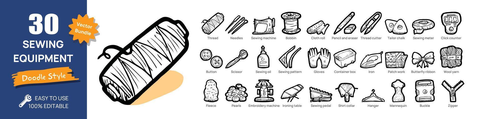 Sewing Equipment concept illustrations. Big Set of icon illustrations with doodle style. Flat design vector