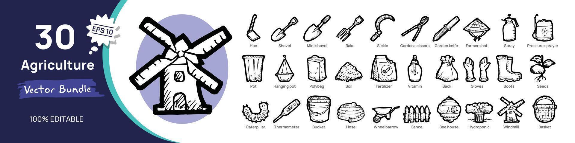 Agriculture concept illustrations. Big Set of icon illustrations with doodle style. Flat design vector