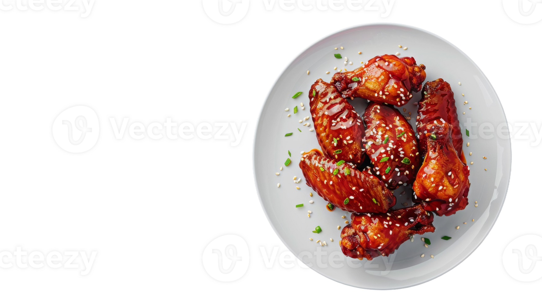 Buffalo Chicken Wings with Sesame Seeds, Plate Presentation on the transparent background, Format png