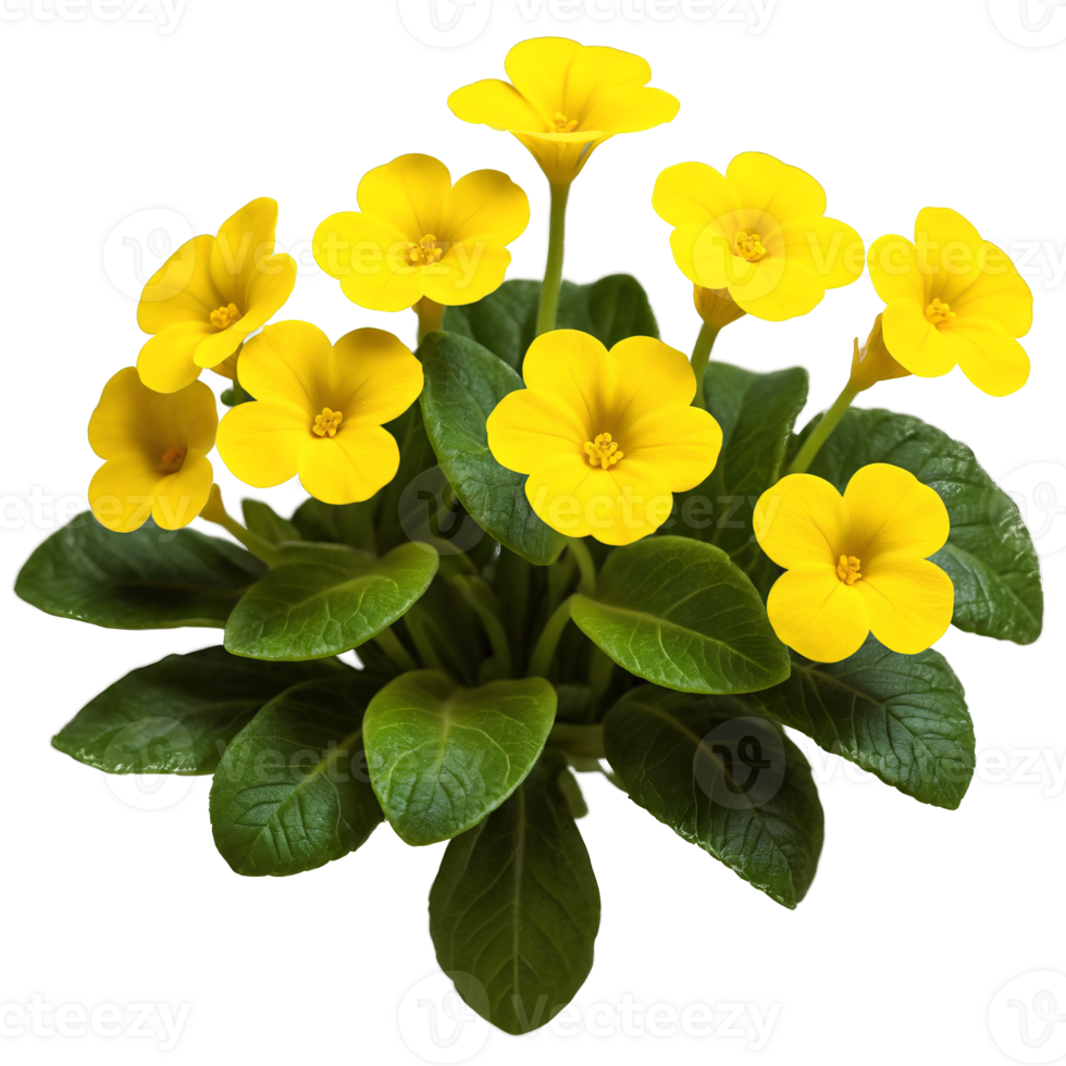 Yellow primrose cluster of small flowers with five heart shaped petals dark green leaves Primula png