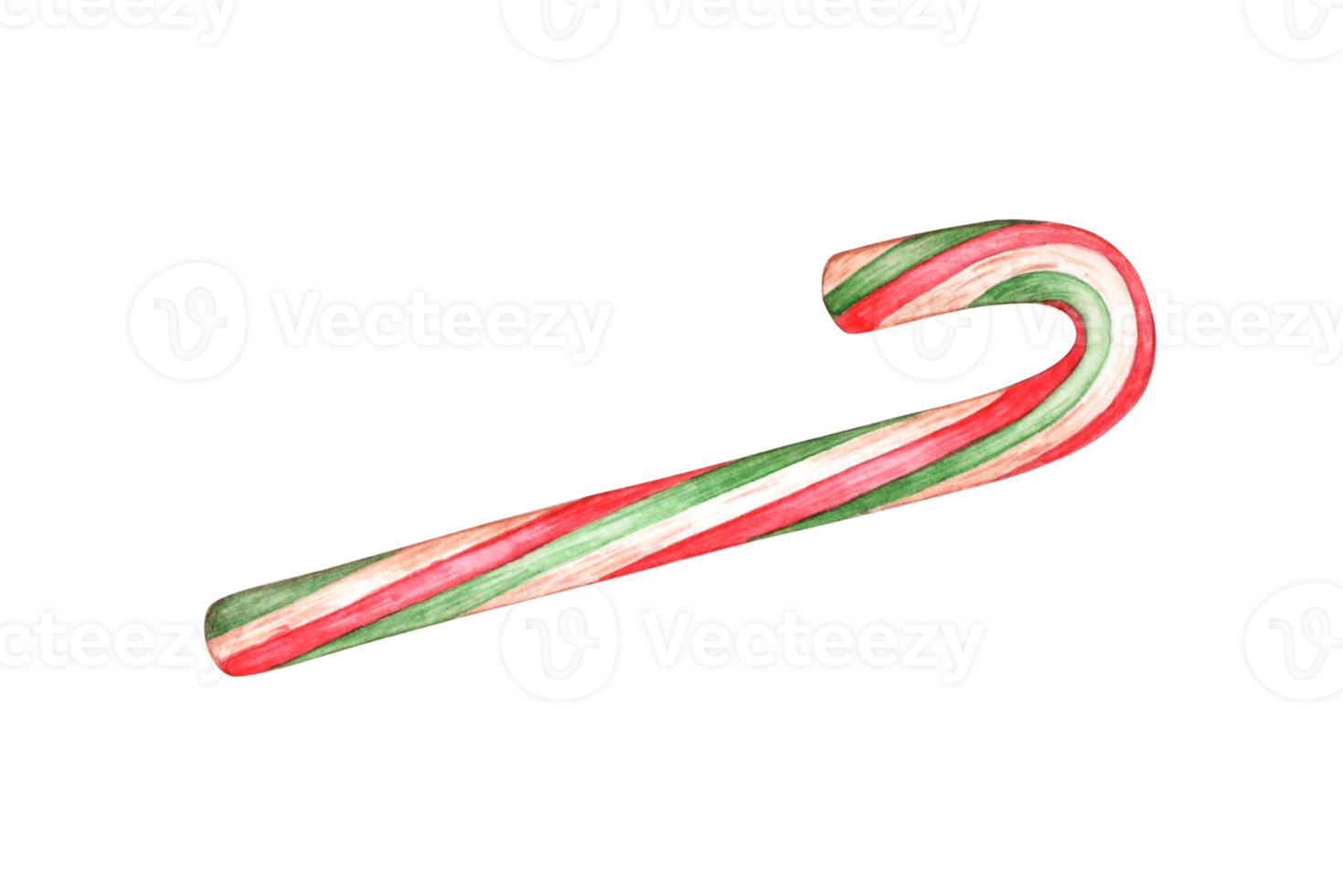 Candy in the shape of a candy cane, sweetness in bright and festive colors of red, white, green stripes watercolor illustration. Isolated from the background. For Christmas, New Year, holidays png