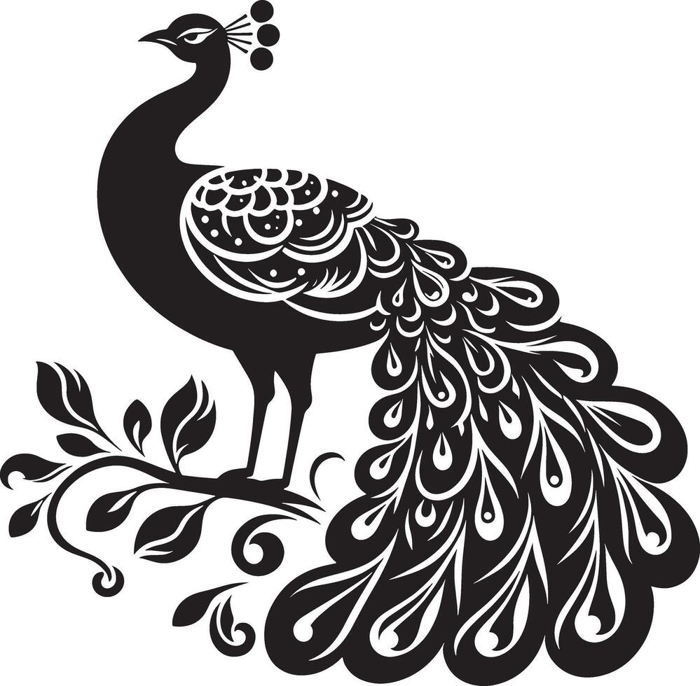 Peacock with beautiful feather silhouette art illustration peacock clipart logo icon, isolated on white vector
