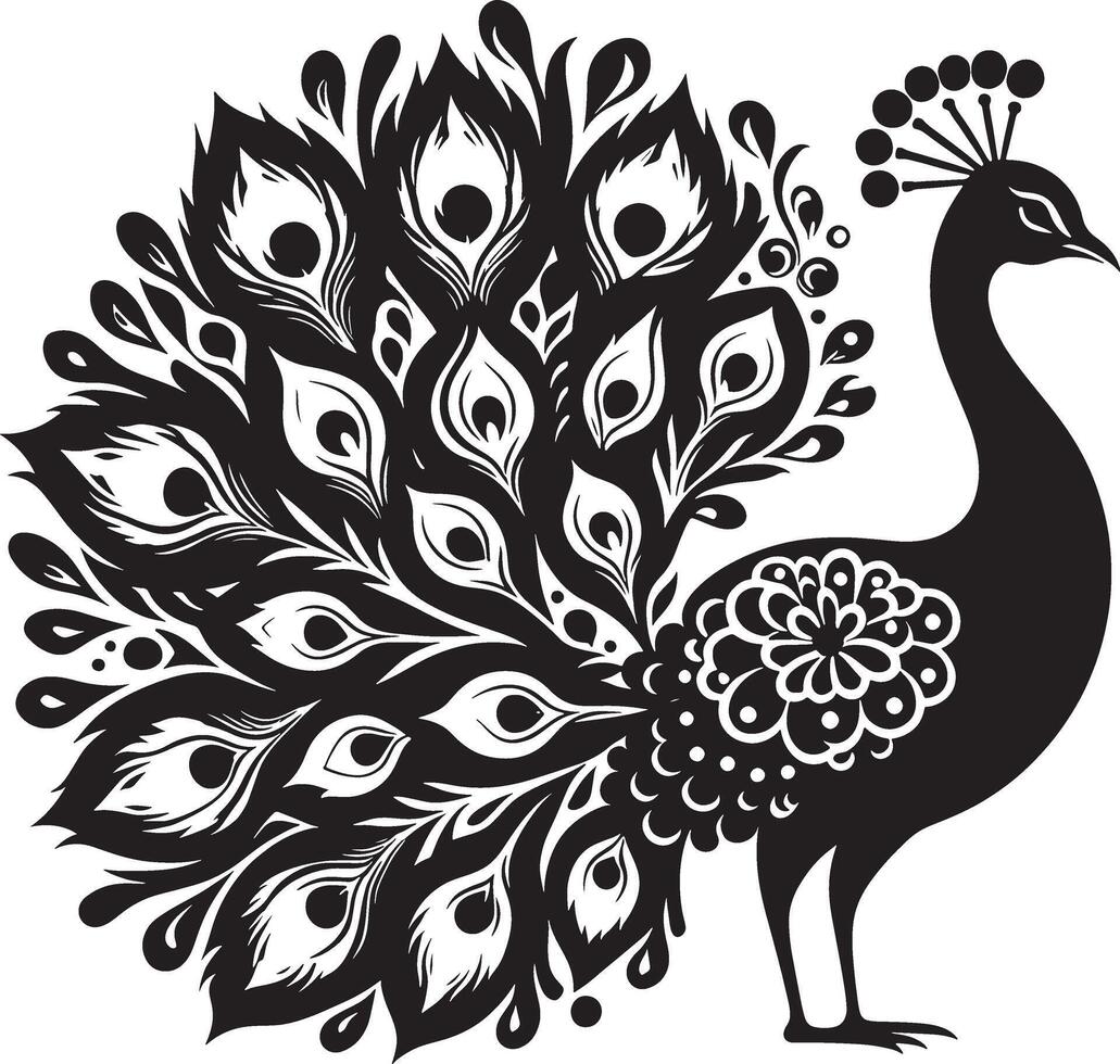 Peacock with beautiful feather silhouette art illustration peacock clipart logo icon, isolated on white vector