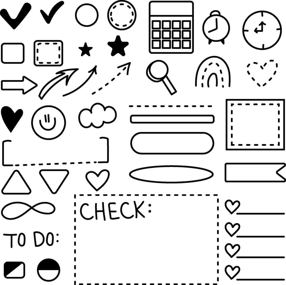 Set of hand drawn doodle elements for planner or school notebooks. Can be used for stationery, bullet journals. vector