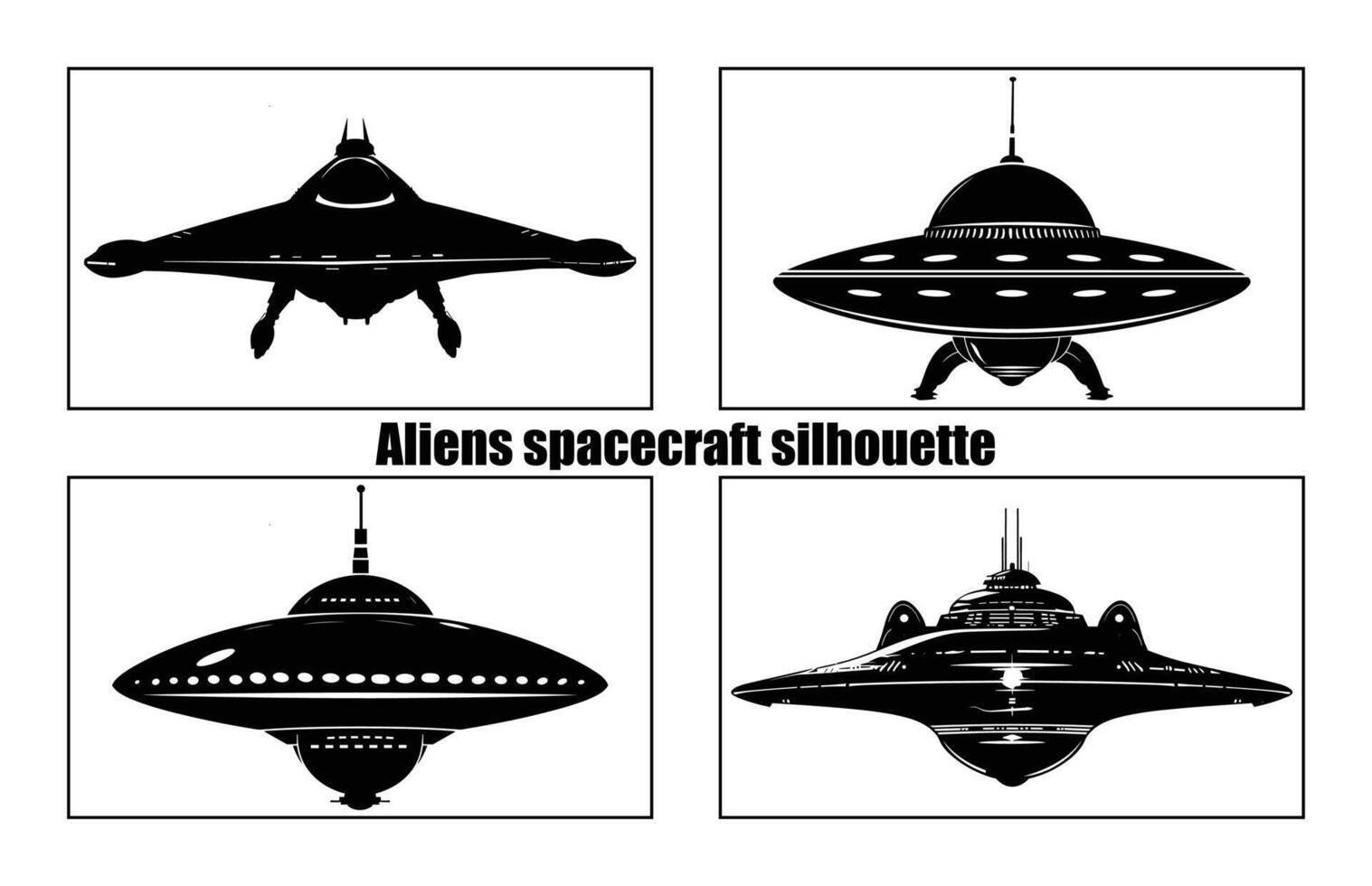 UFO alien spacecraft black silhouette collection, simple alien ship symbol, space flying saucer. vector