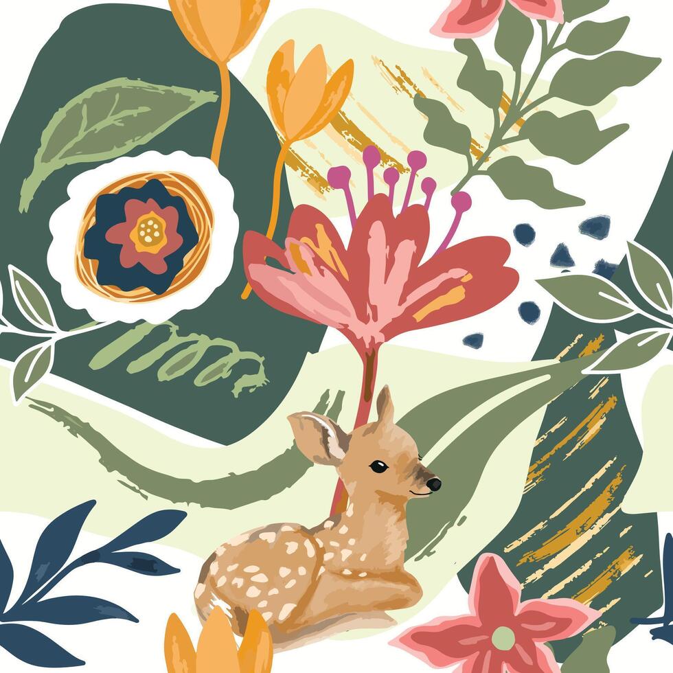 Beautiful deer in abstract flower garden seamless pattern vector