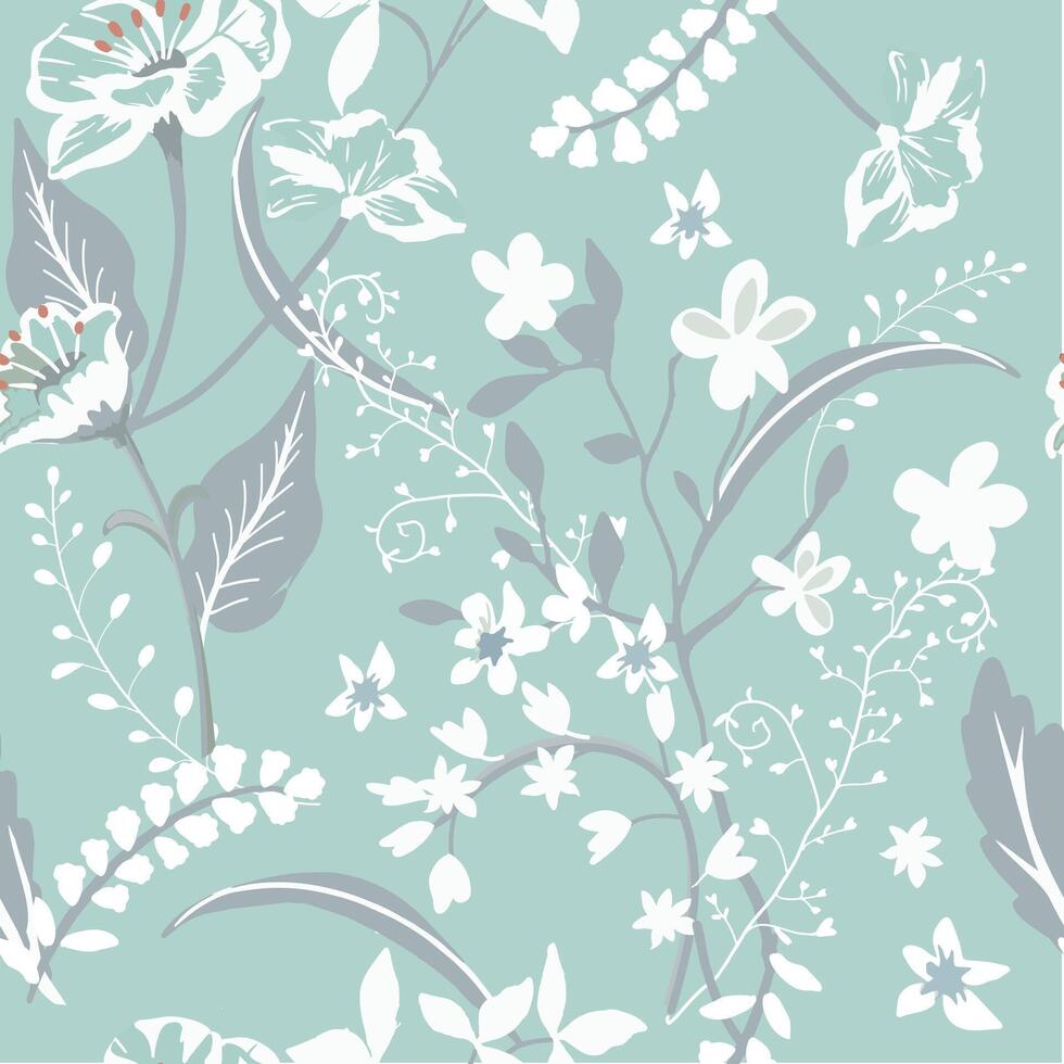 white flower and gray leaf seamless pattern vector