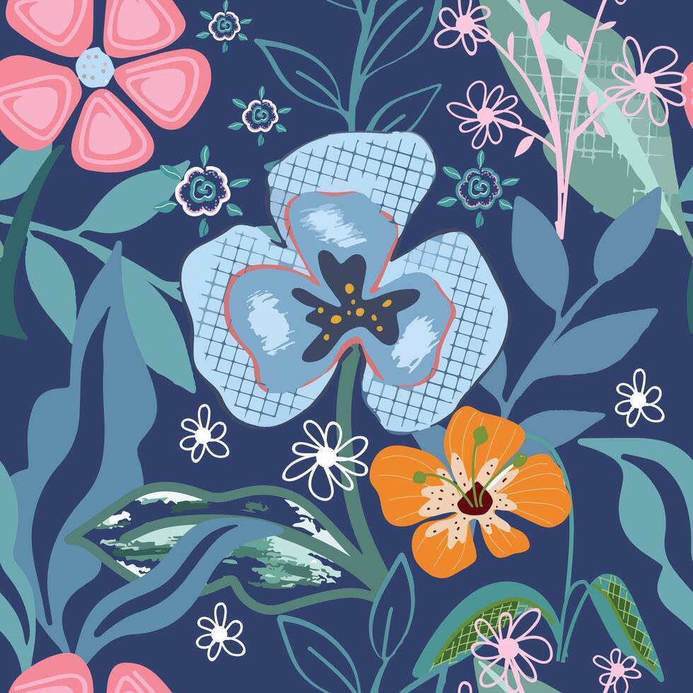 Exotic blooming flower on blue background seamless pattern vector