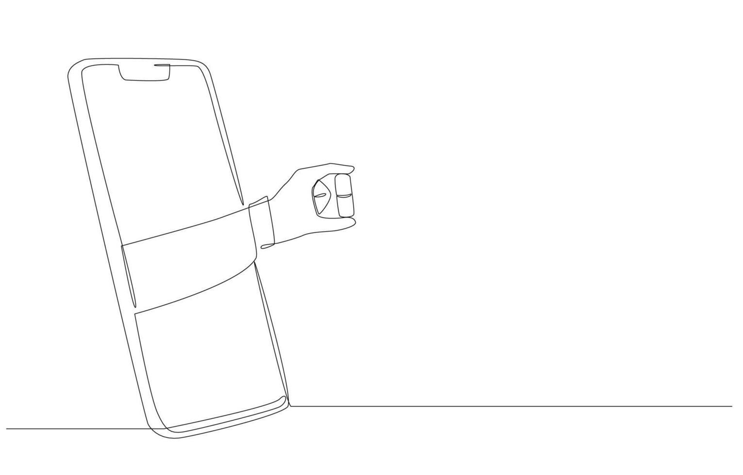 Continuous one line drawing of pharmacist's hand out of smartphone screen holding medicine capsule, ordering medicine online, medical service concept, single line art. vector