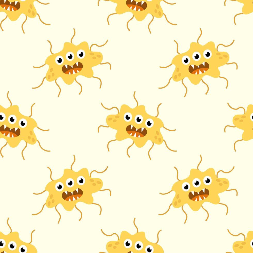 Seamless Pattern with Cute cartoon character virus, bacteria, microbe. Microbiology organism funny face wallpaper. Mascot expressing emotion background. children illustration in flat design. vector