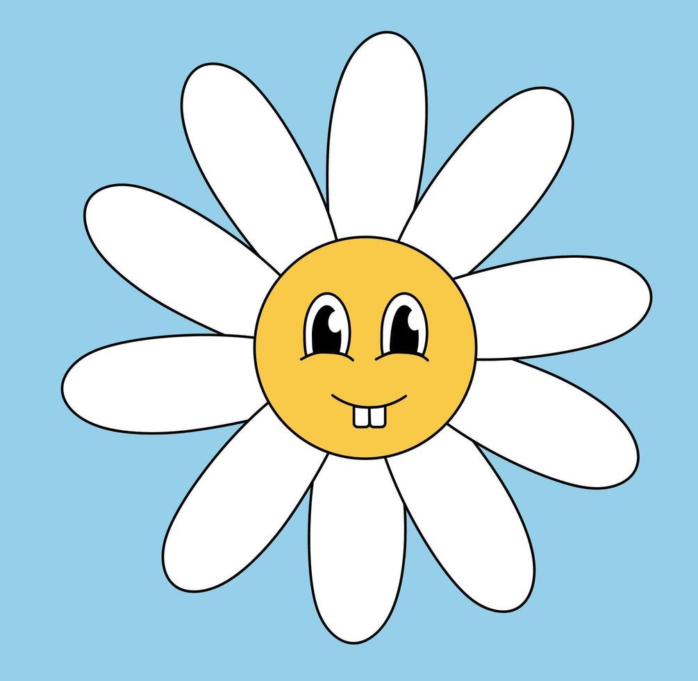 Retro 70s 60s 80s Hippie Groovy cute Daisy Flower. Toothy Smile face. Chamomile Flower power element. Illustration isolated on blue background. vector