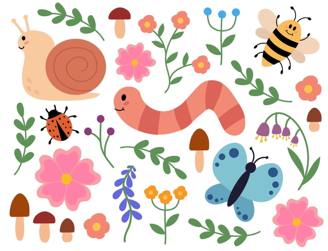 Cute and cozy set of snail, worm, butterfly, bee, ladybug, mushrooms and flowers. Children clip art. Spring or summer flora and fauna. flat illustration. vector