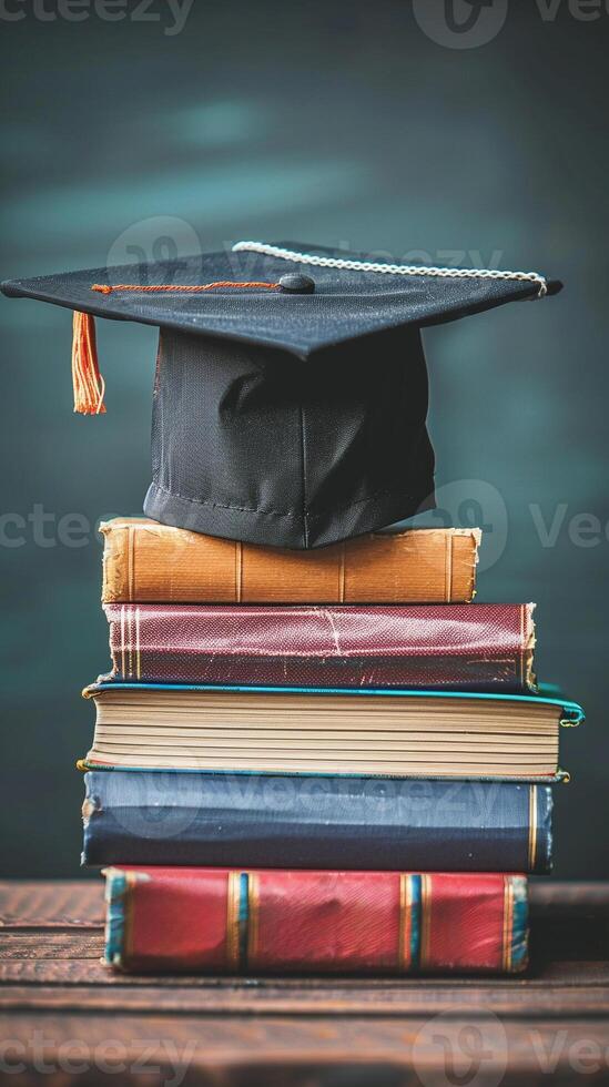 A graduation bachelor cap on a stack of book, knowledge and education concept. photo