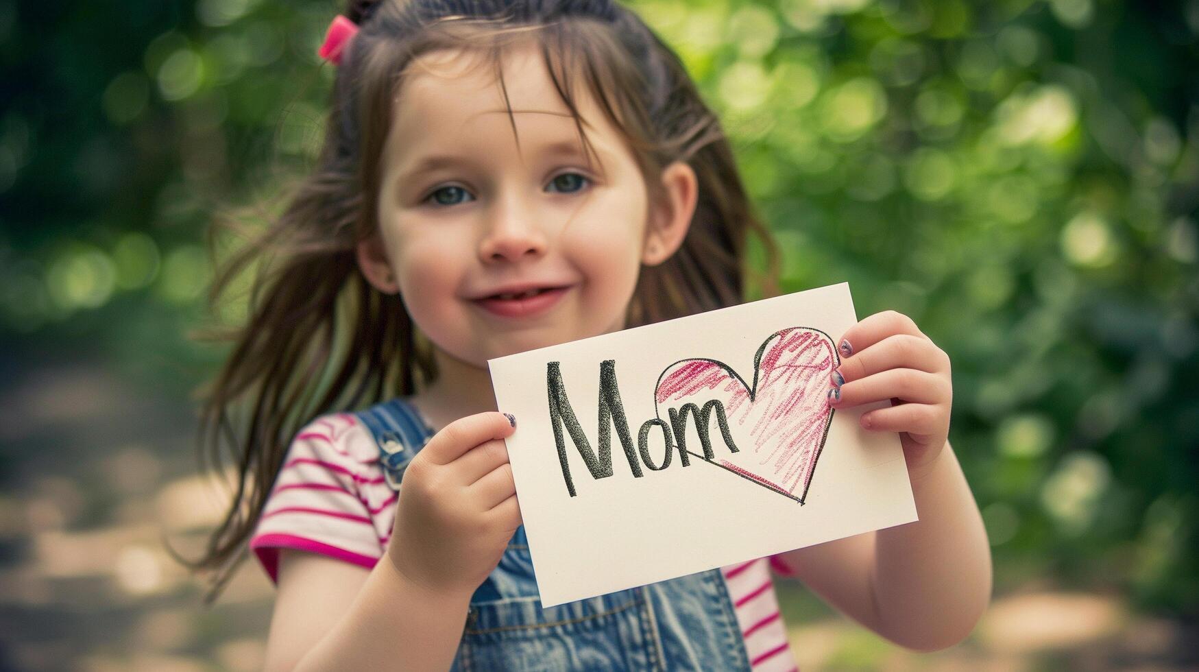 Little girl giving her hand writing greeting card to her mom. photo