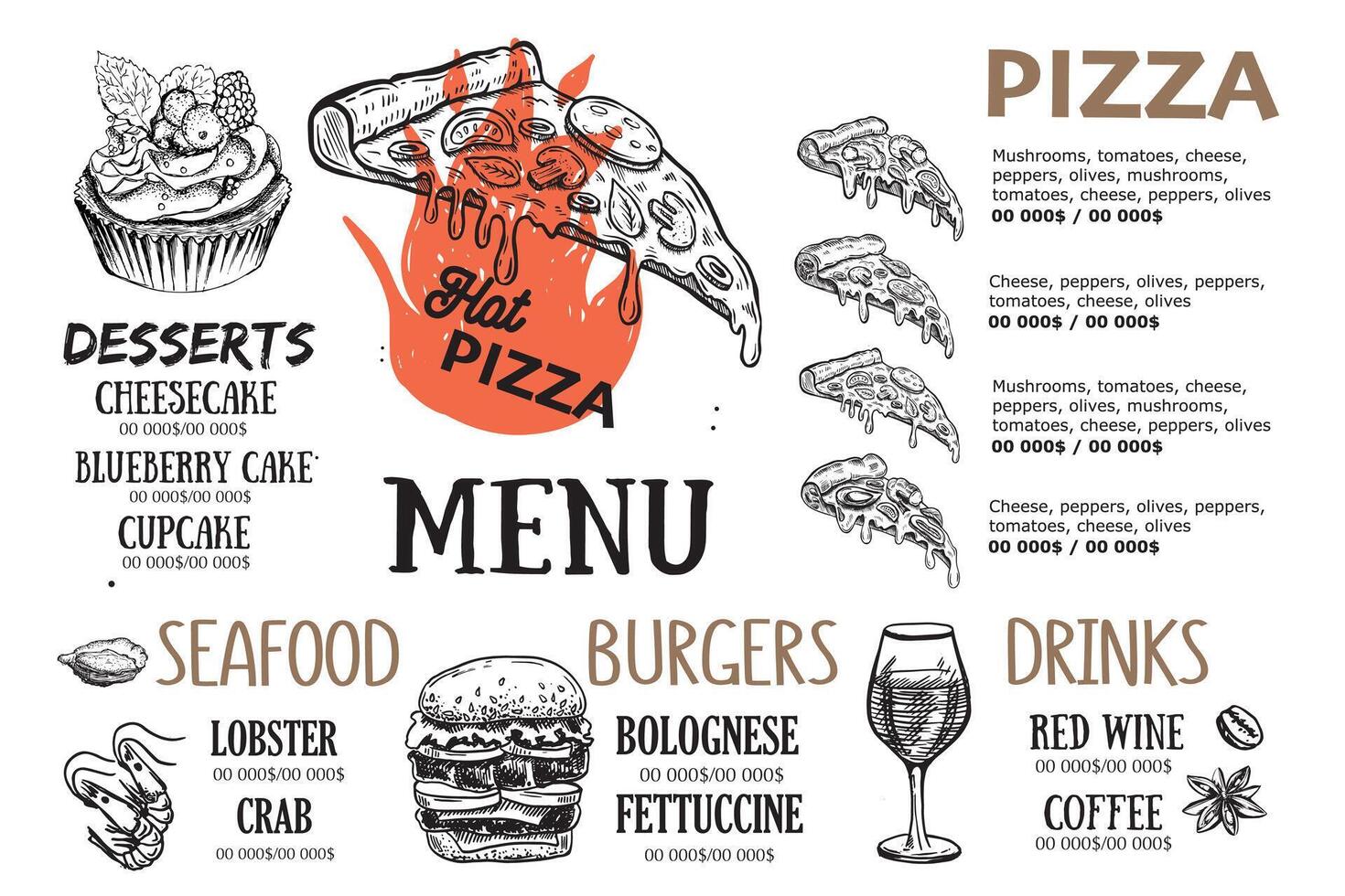 Menu, Restaurant, Cafe, template design. Hand drawn illustrations, Food flyer. vector