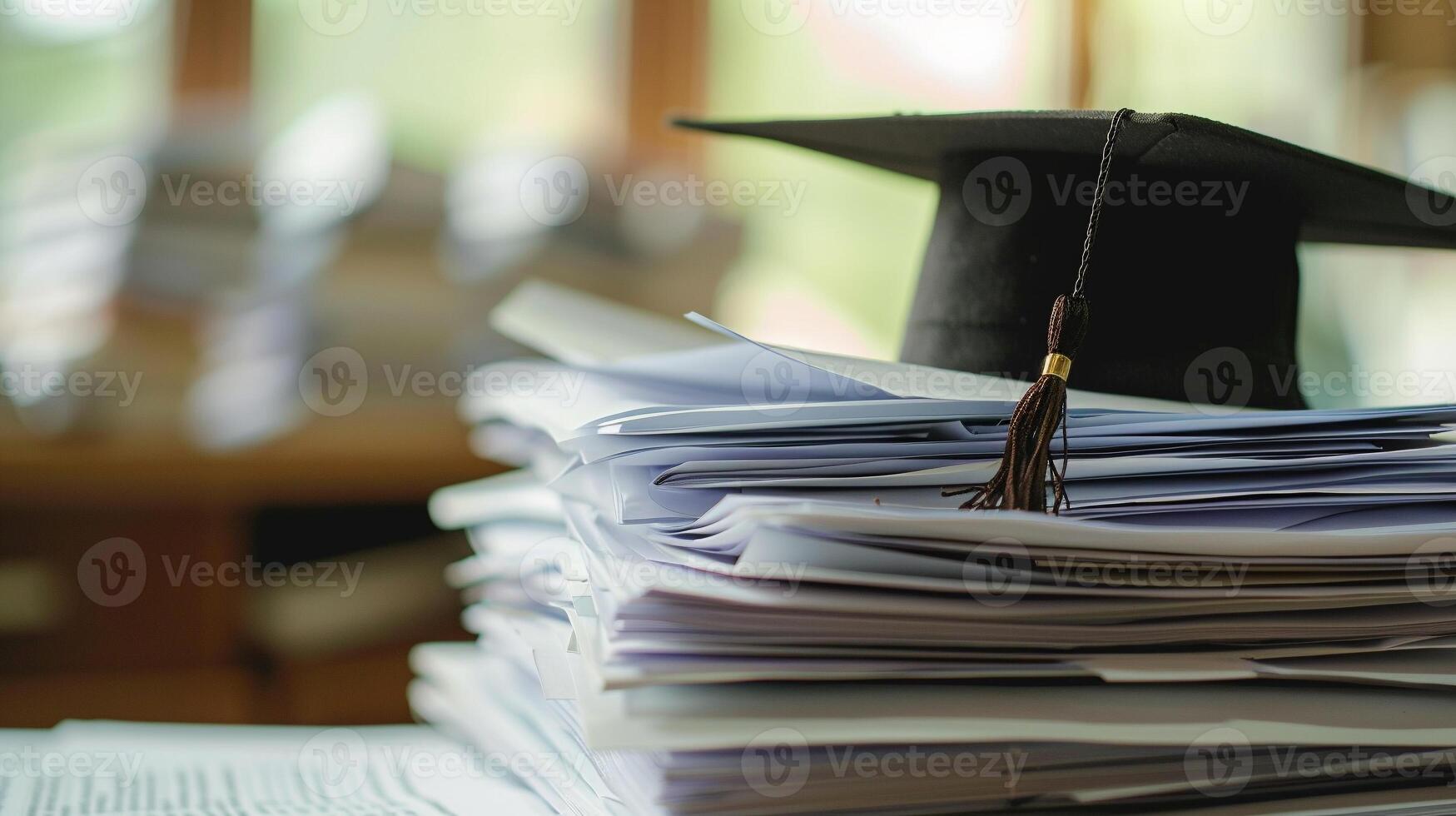 A graduation bachelor cap on a stack of paper, new graduate job hunting concept. photo