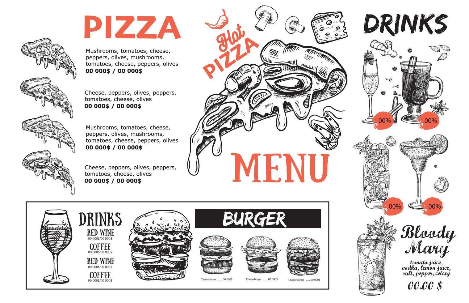 Pizza food Menu, Restaurant, Cafe, template design. Hand drawn illustrations, Food flyer. vector