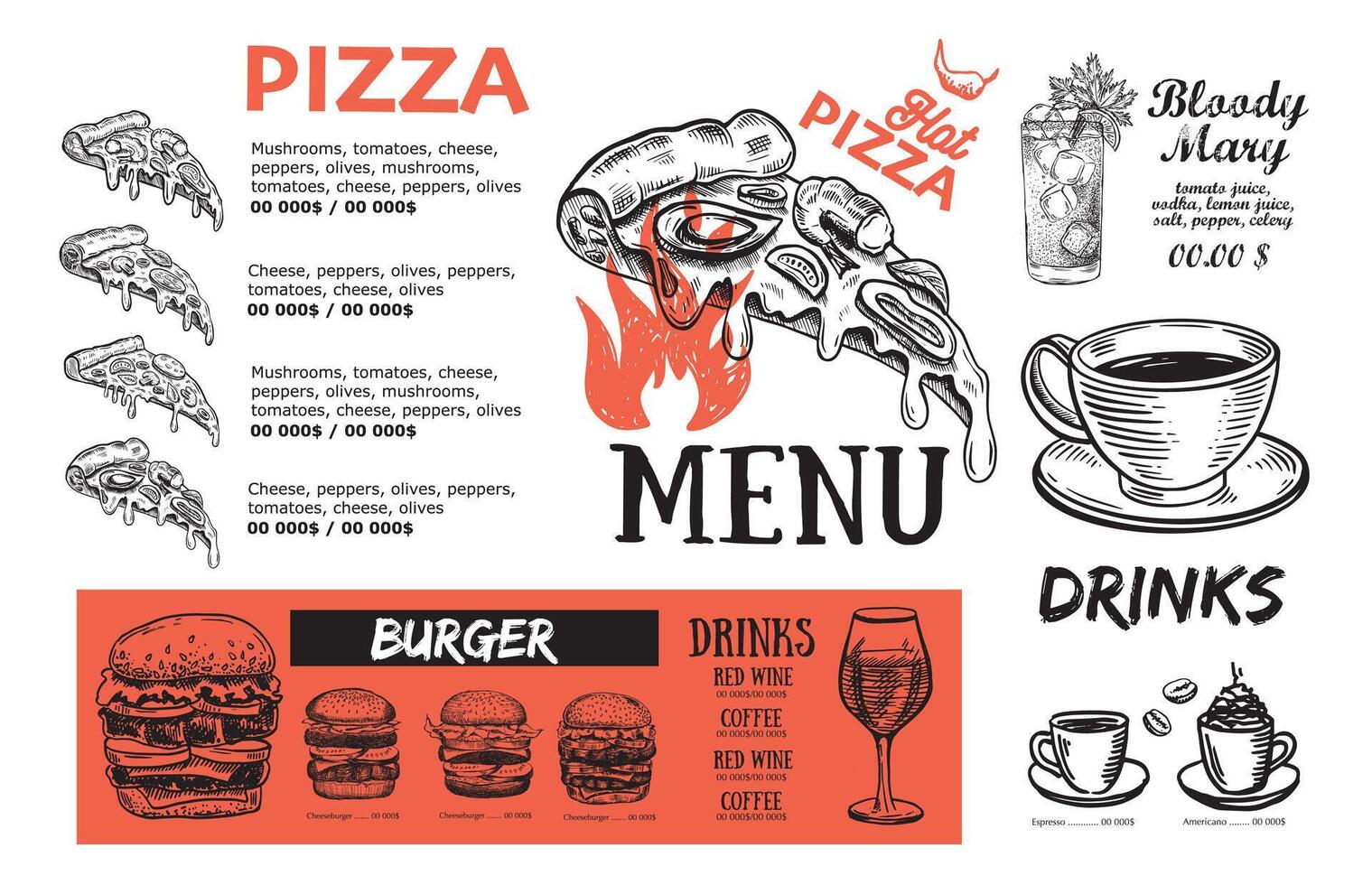 Pizza food Menu, Restaurant, Cafe, template design. Hand drawn illustrations, Food flyer. vector