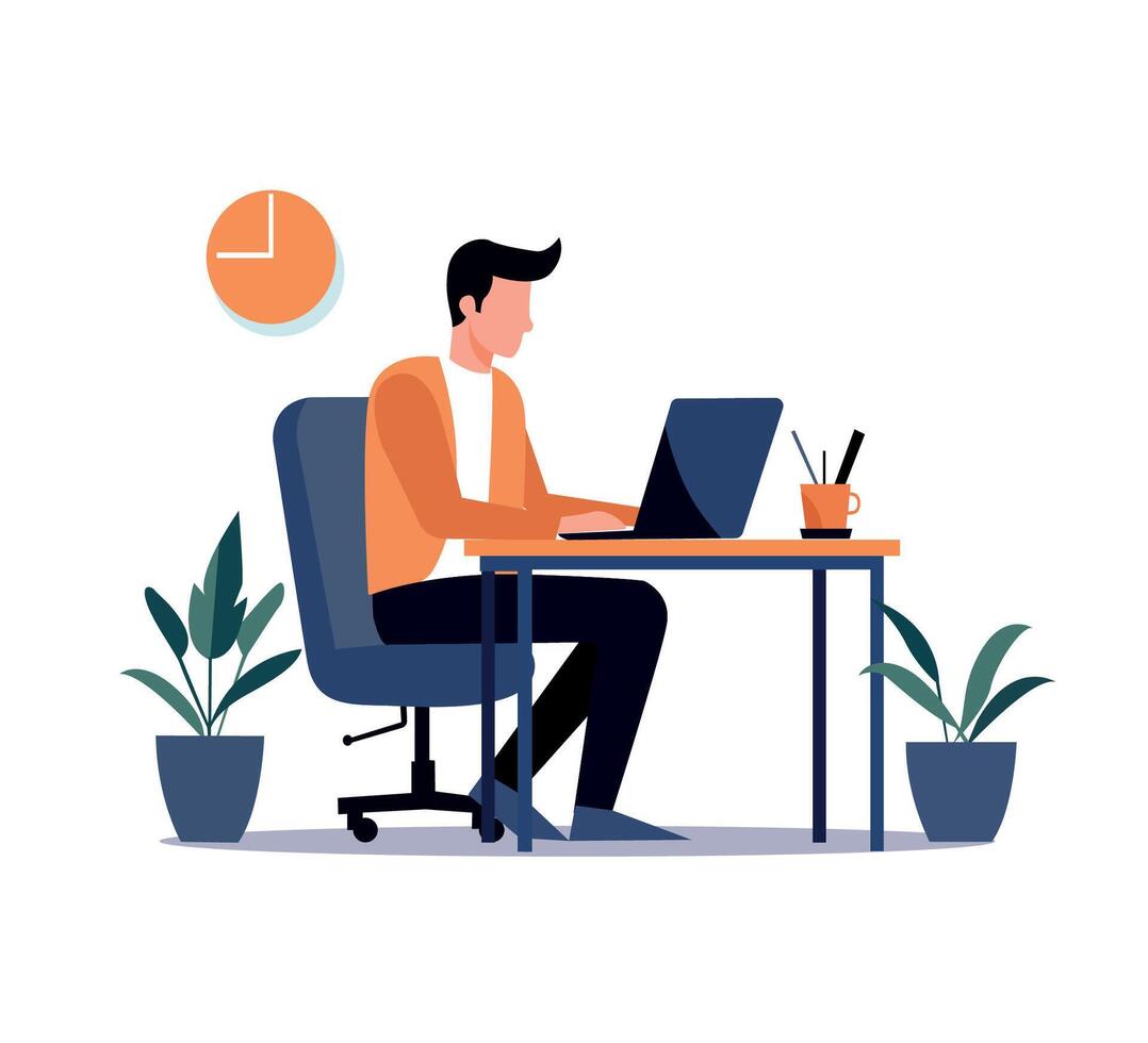 man working on laptop flat character illustration vector