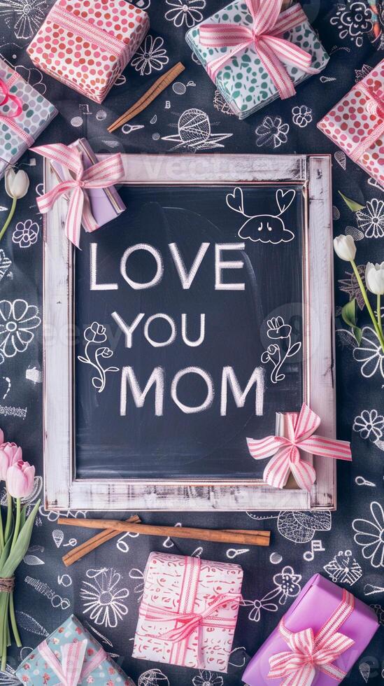 Mother's Day gift and greeting message in a small black board. photo