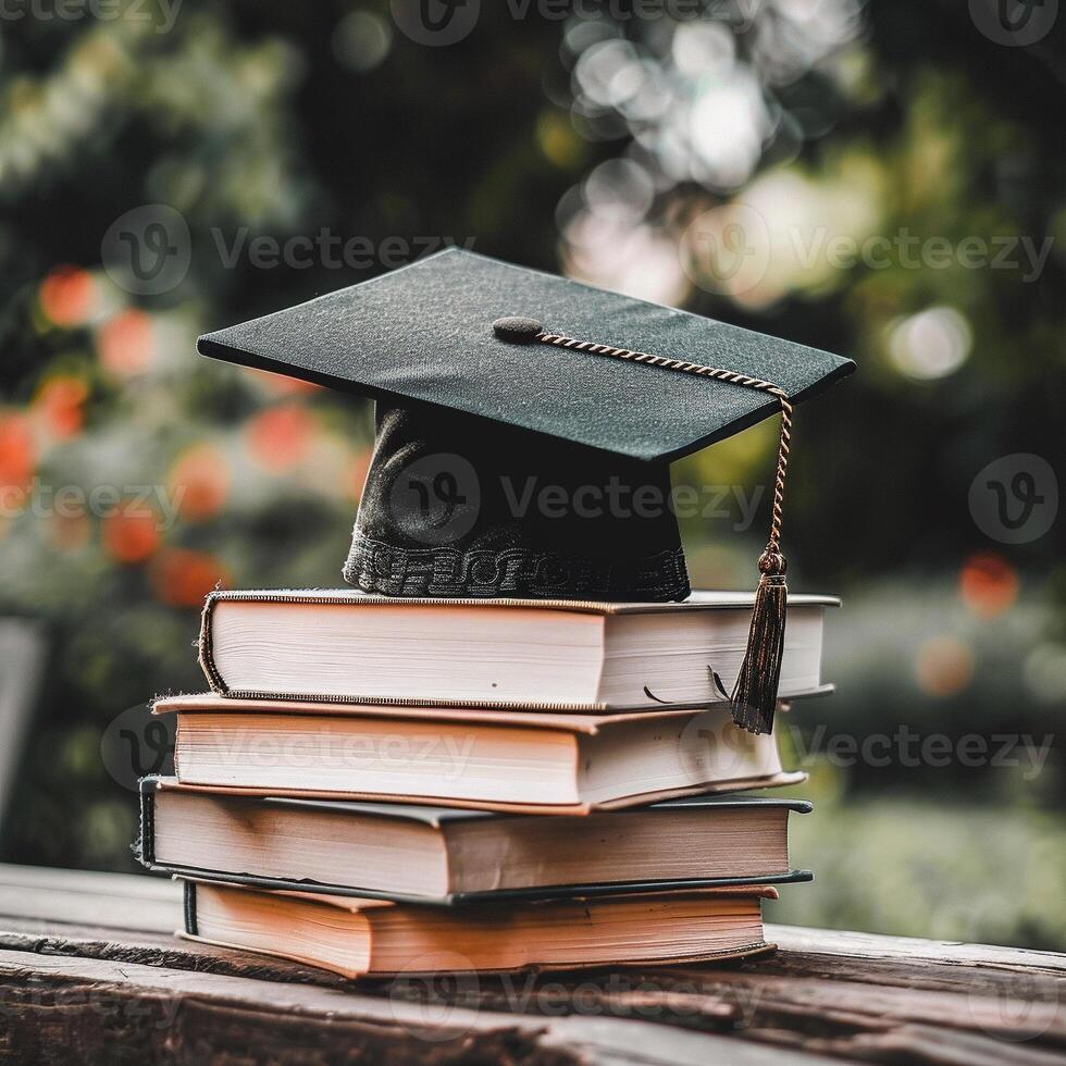 A graduation bachelor cap on a stack of book, knowledge and education concept. photo