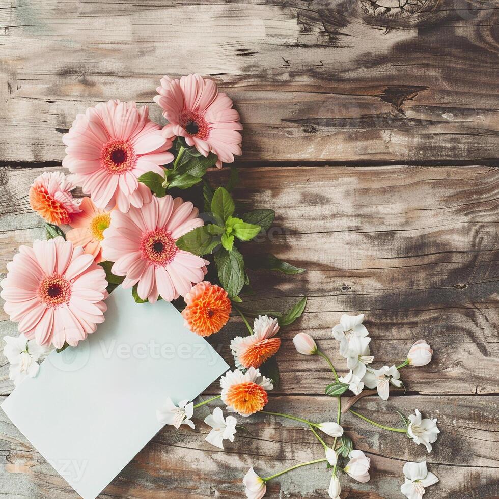 Greeting card and flower bouquet for Mother's Day design concept. photo