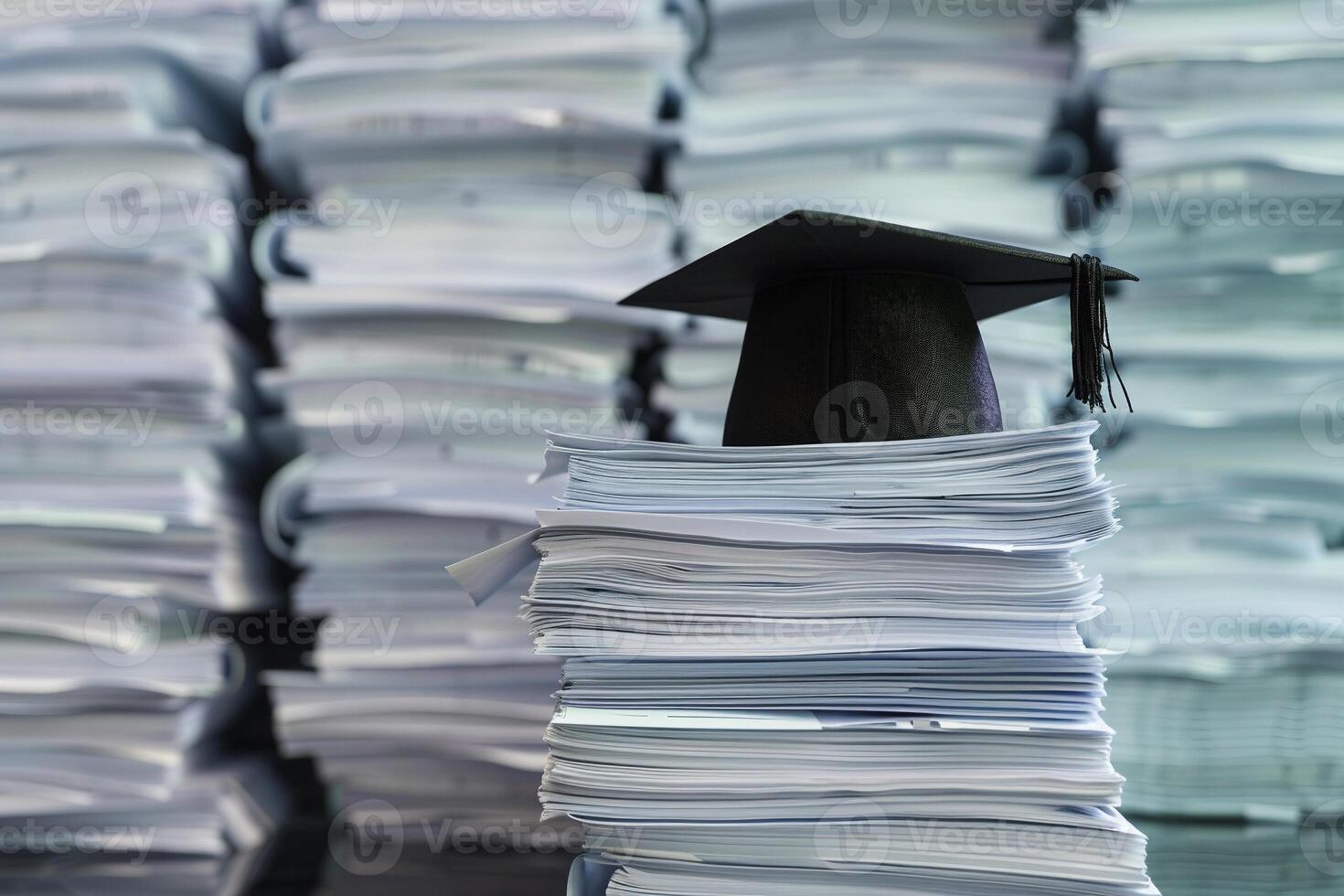 A graduation bachelor cap on a stack of paper, new graduate job hunting concept. photo