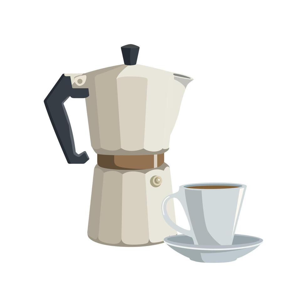 Mocha pot with coffee cup. Cartoon illustration. Isolated on white background. Coffee Pot Italian espresso machine vector