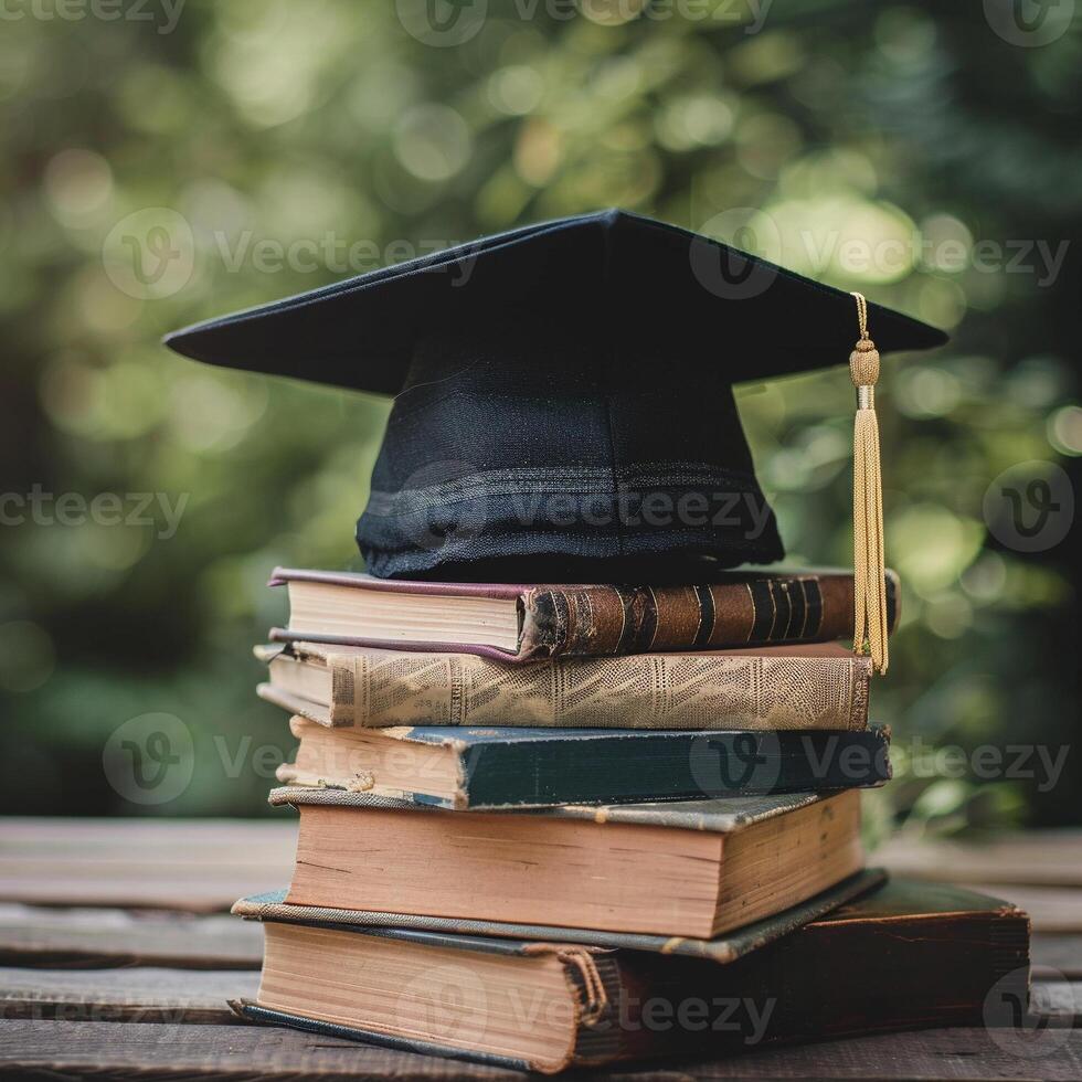 A graduation bachelor cap on a stack of book, knowledge and education concept. photo