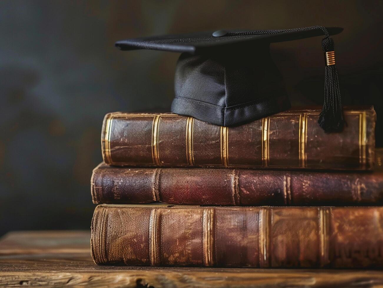A graduation bachelor cap on a stack of book, knowledge and education concept. photo