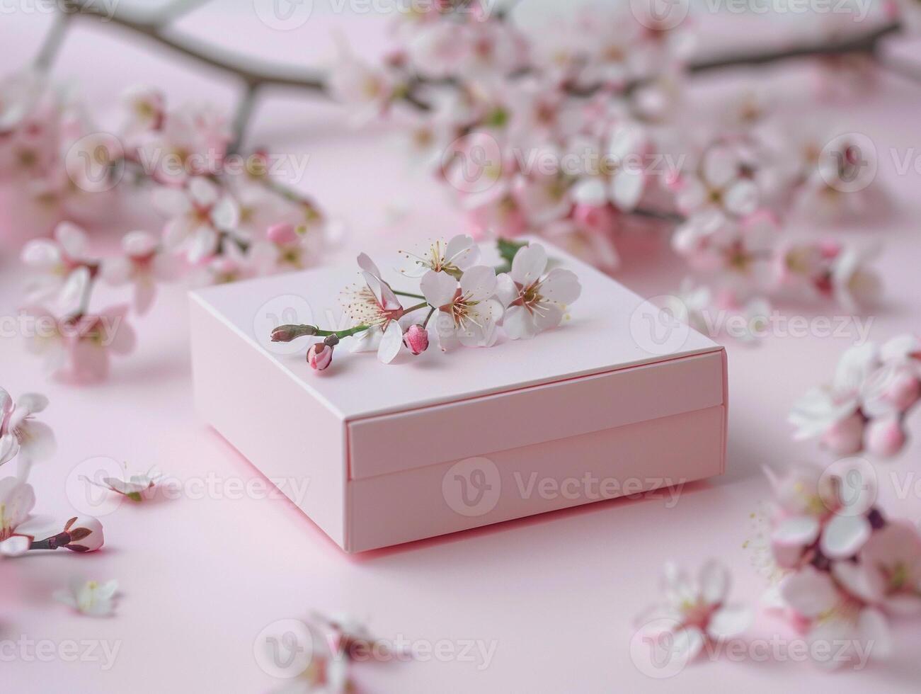 Pink gift box with spring flowers on pink background. photo