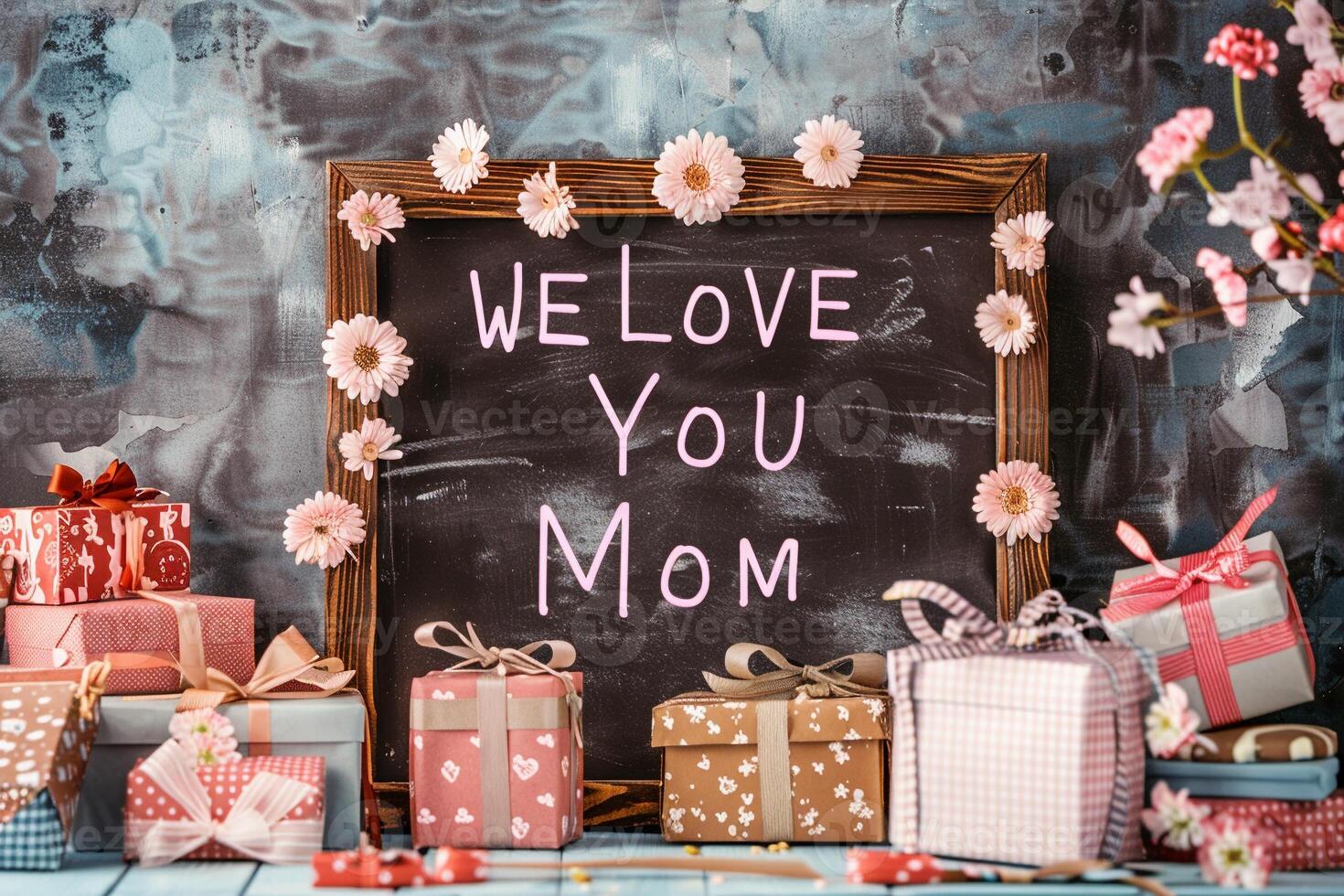 Mother's Day gift and greeting message in a small black board. photo