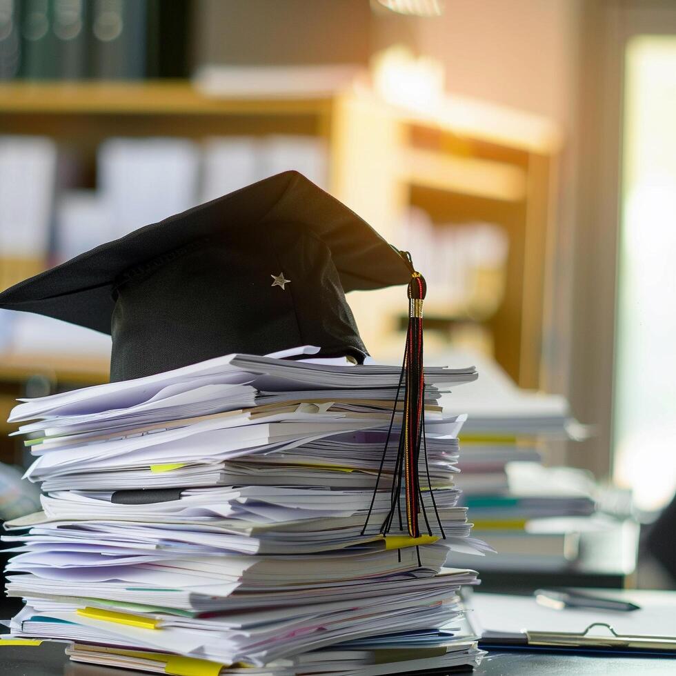 A graduation bachelor cap on a stack of paper, new graduate job hunting concept. photo