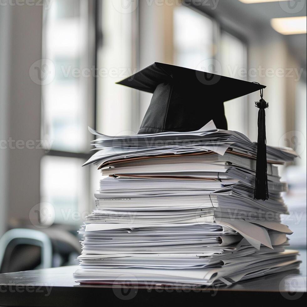 A graduation bachelor cap on a stack of paper, new graduate job hunting concept. photo