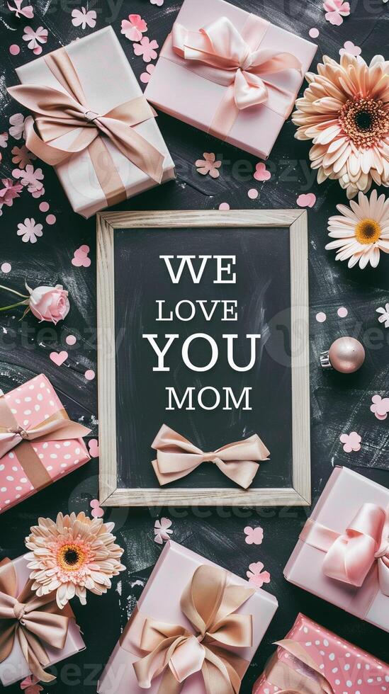 Mother's Day gift and greeting message in a small black board. photo