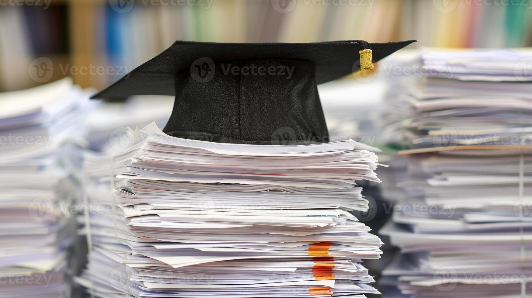 A graduation bachelor cap on a stack of paper, new graduate job hunting concept. photo