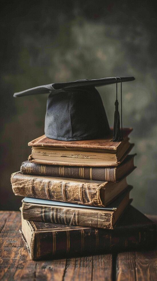 A graduation bachelor cap on a stack of book, knowledge and education concept. photo