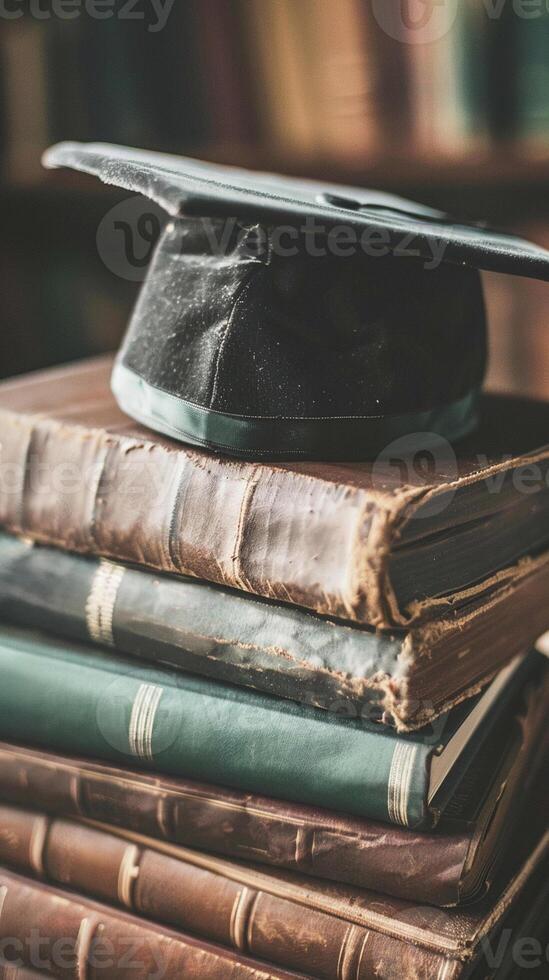 A graduation bachelor cap on a stack of book, knowledge and education concept. photo